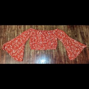 NWOT SheIn off the shoulder bell sleeve red floral crop top